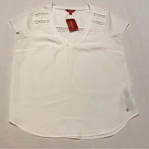 GUESS White SS Coyan Trim V-Neck Blouse Womens Size Small